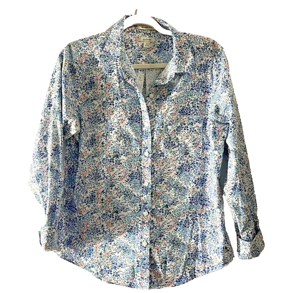 LL Bean Women's Size Small Wrinkle Free 100% Cotton Button Up White Floral Shirt